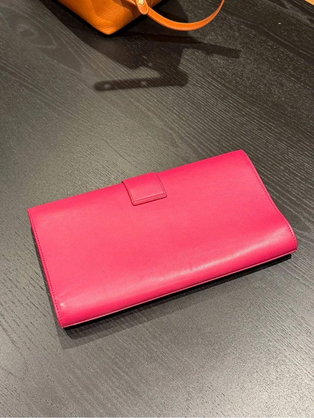 Saint Laurent Hot Pink Leather Y-Clasp Clutch with Gold Hardware